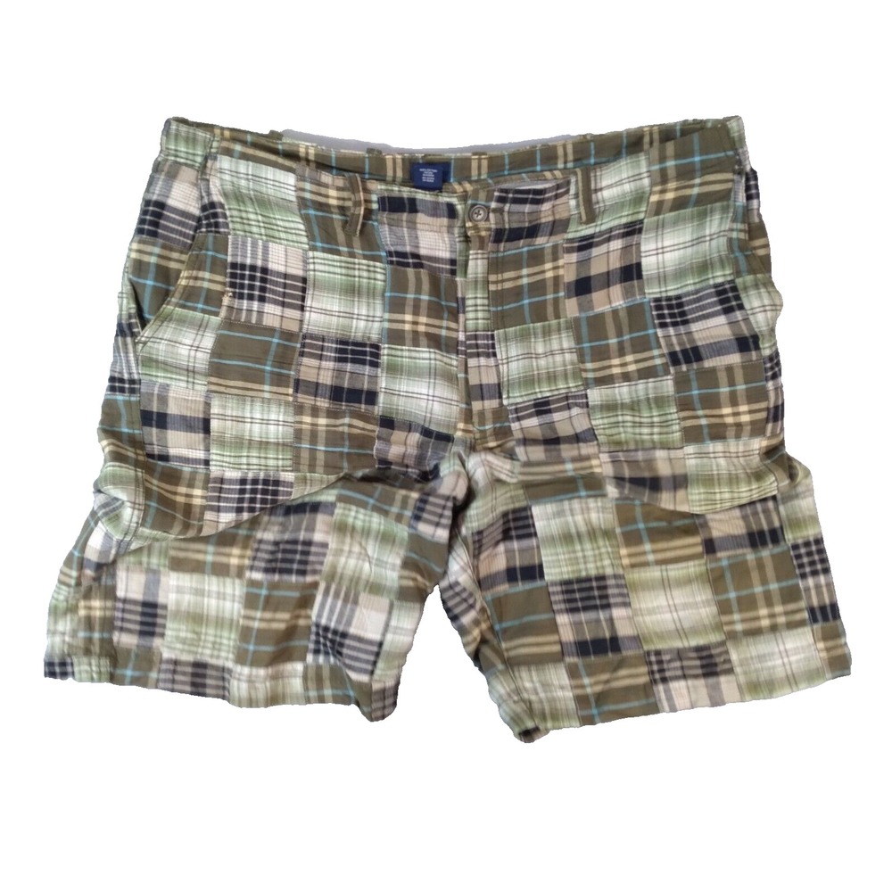 IZOD Bermuda Shorts Mens 40 Brown Blue Patchwork Plaid Cotton Flat Front 10in